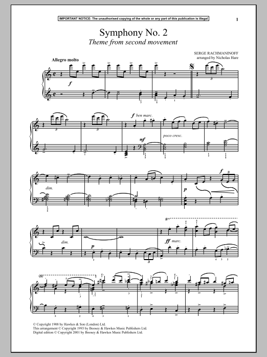 Sergei Rachmaninoff Symphony No. 2, (Second Movement Theme) Sheet Music Notes & Chords for Piano - Download or Print PDF