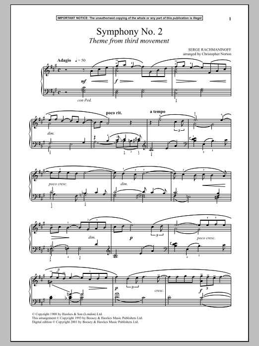 Sergei Rachmaninoff Symphony No. 2, (Third Movement Theme) Sheet Music Notes & Chords for Piano - Download or Print PDF