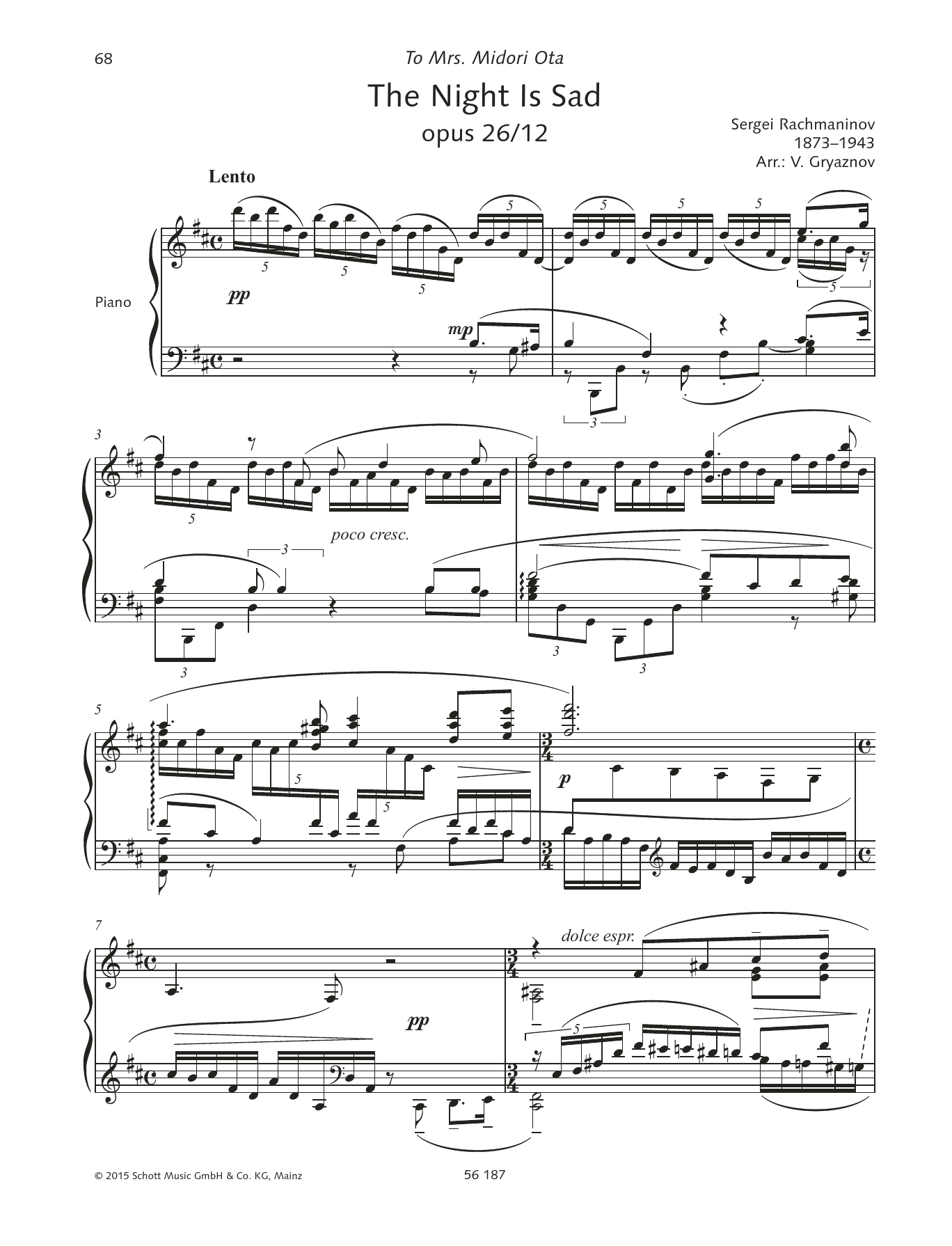Sergei Rachmaninoff The Night is Sad Sheet Music Notes & Chords for Piano Solo - Download or Print PDF