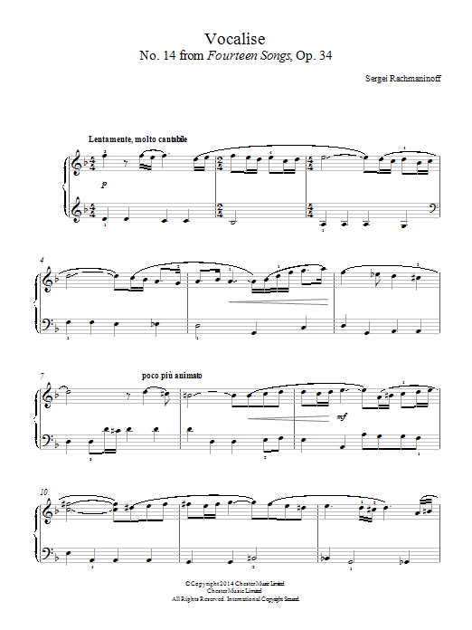 Sergei Rachmaninoff Vocalise (No.14 from Fourteen Songs, Op.34) Sheet Music Notes & Chords for Easy Piano - Download or Print PDF