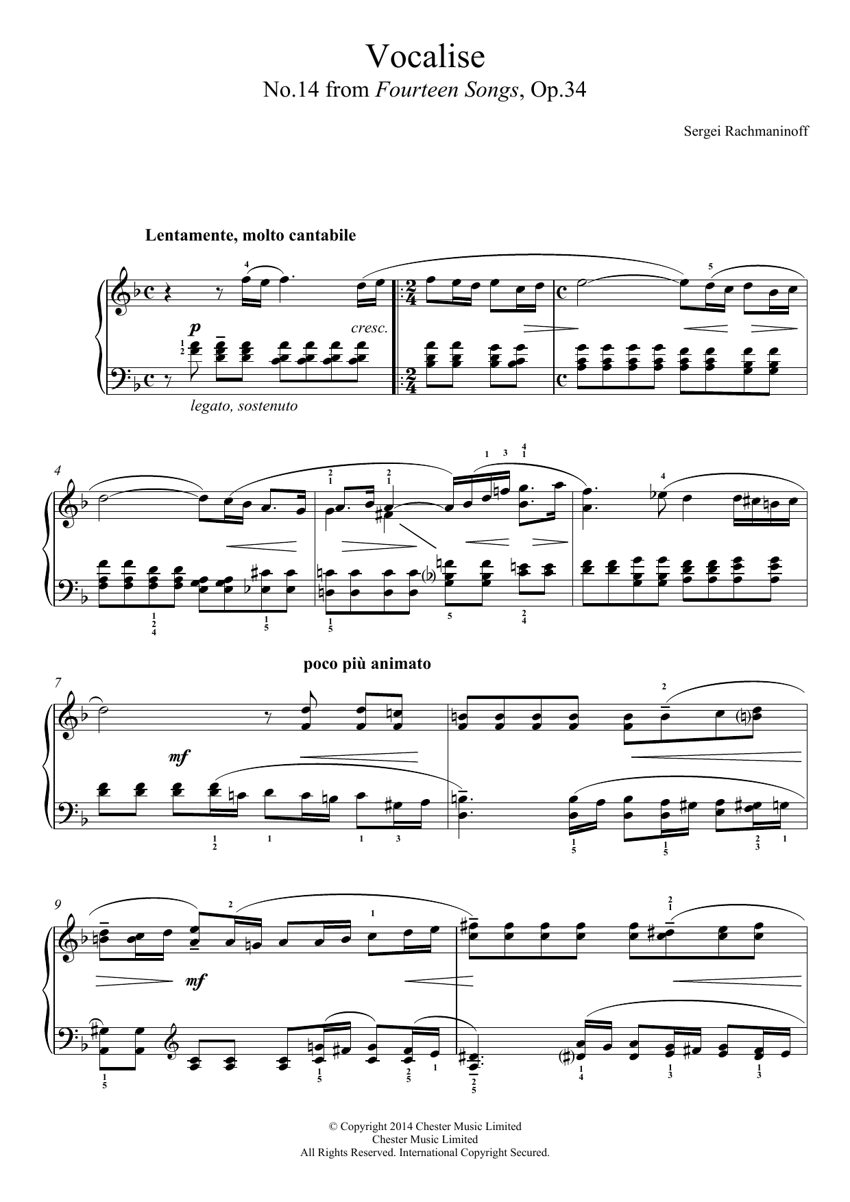 Sergei Rachmaninoff Vocalise (No.14 from Fourteen Songs, Op.34) Sheet Music Notes & Chords for Easy Piano - Download or Print PDF