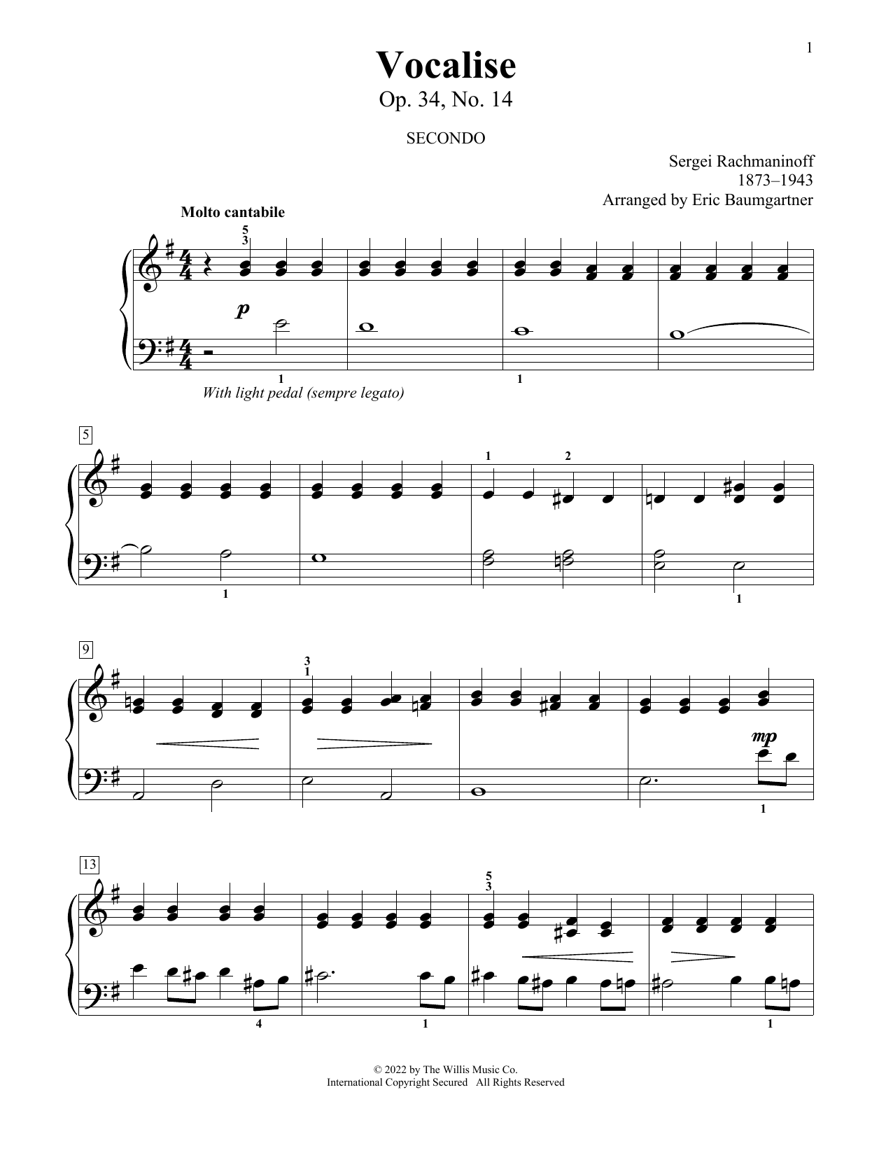 Sergei Rachmaninoff Vocalise, Op. 34, No. 14 (arr. Eric Baumgartner) Sheet Music Notes & Chords for Piano Duet - Download or Print PDF