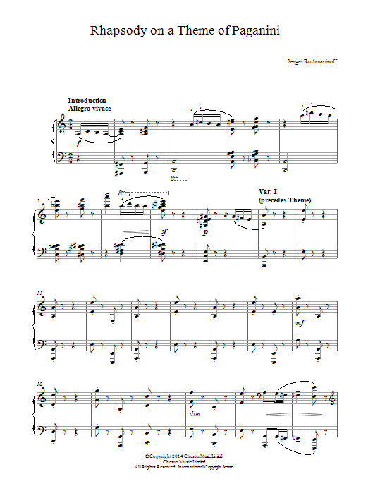 Sergei Rachmaninov Rhapsody on a Theme of Paganini Sheet Music Notes & Chords for Piano - Download or Print PDF