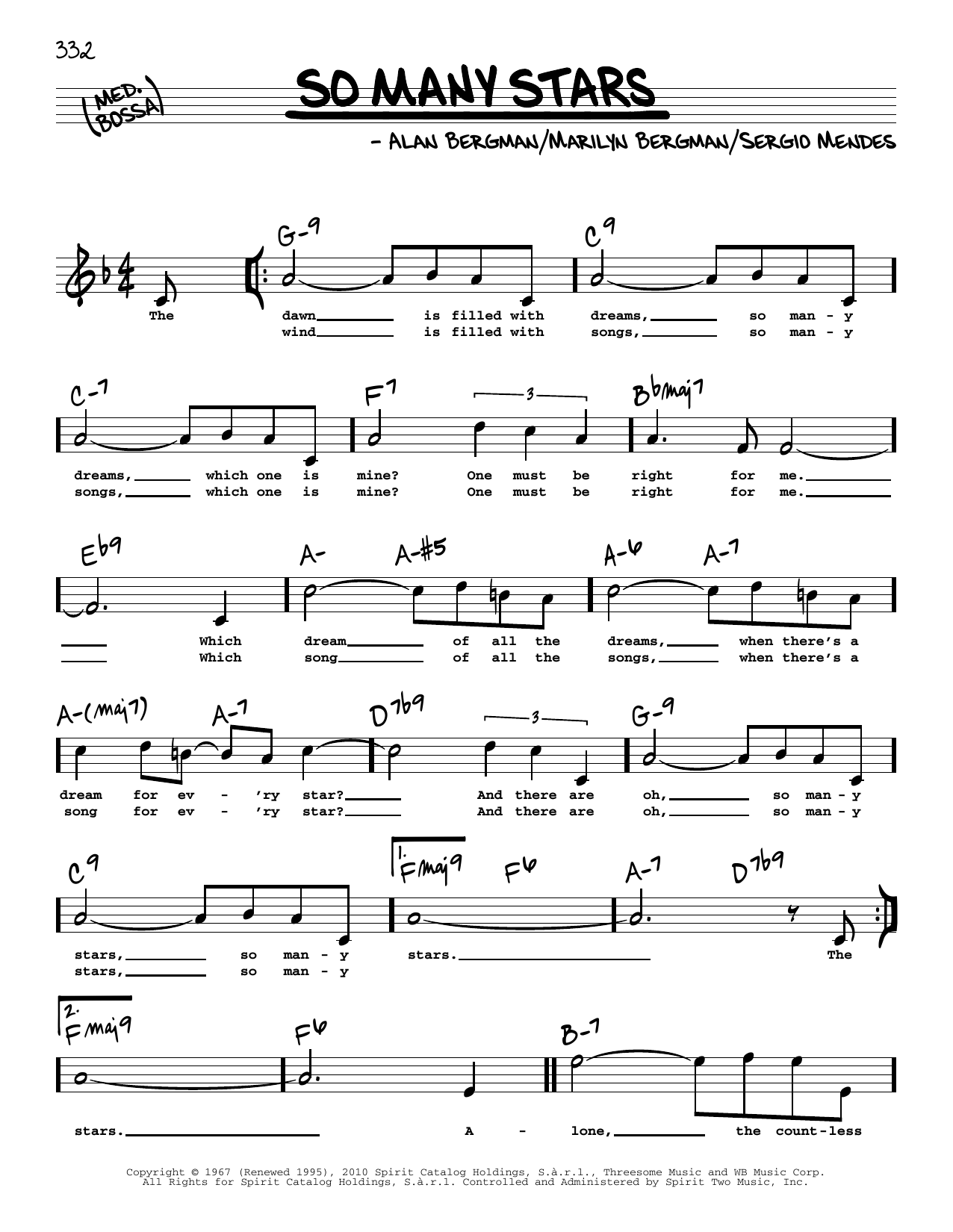 Sergio Mendes So Many Stars (High Voice) Sheet Music Notes & Chords for Real Book – Melody, Lyrics & Chords - Download or Print PDF