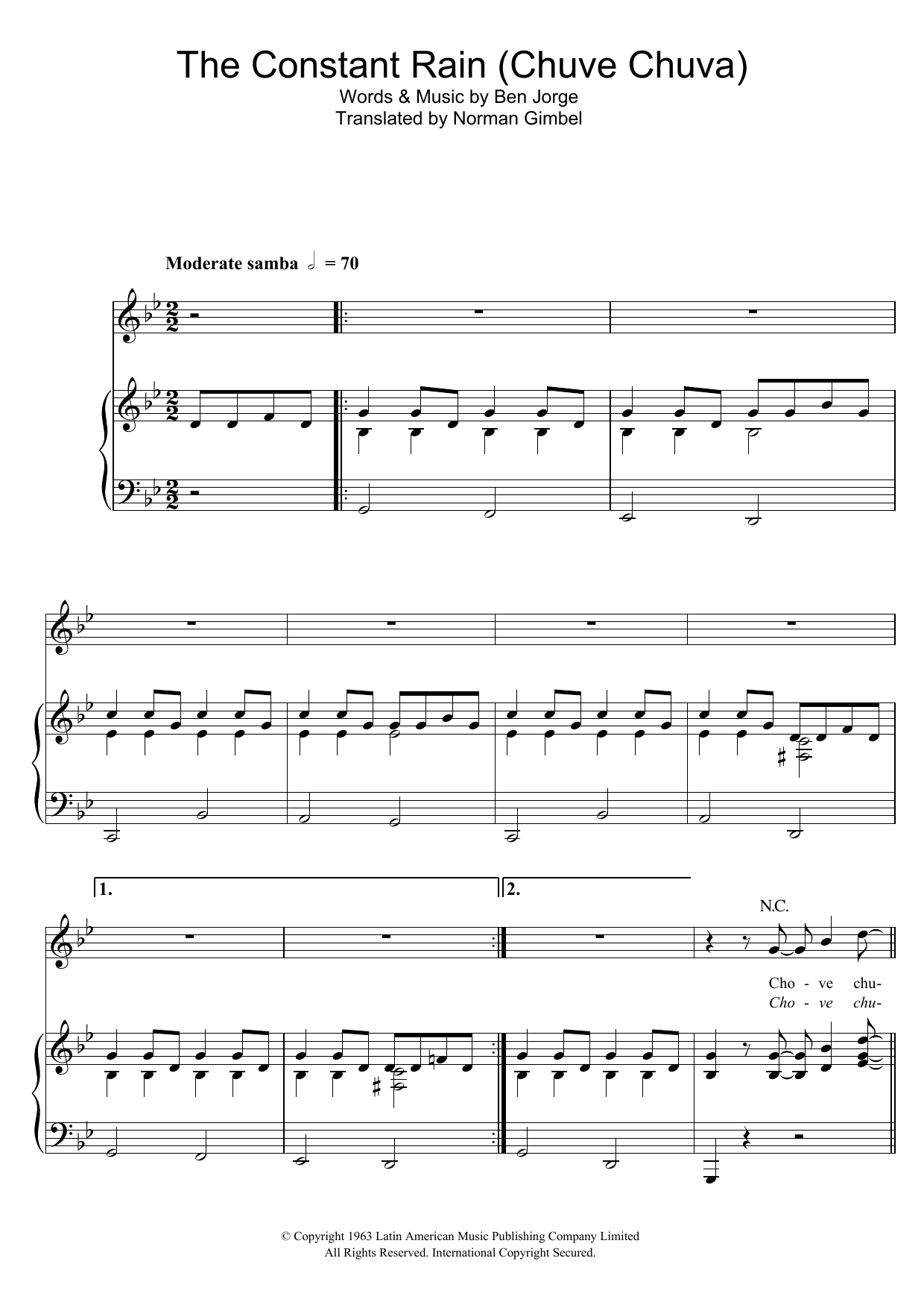 Sergio Mendes The Constant Rain (Chove Chuva) Sheet Music Notes & Chords for Piano, Vocal & Guitar (Right-Hand Melody) - Download or Print PDF
