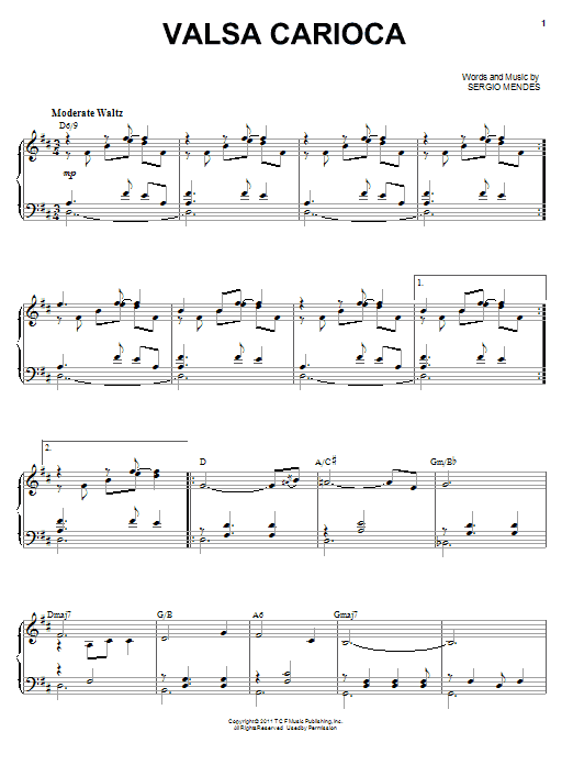 Sergio Mendes Valsa Carioca Sheet Music Notes & Chords for Piano, Vocal & Guitar (Right-Hand Melody) - Download or Print PDF