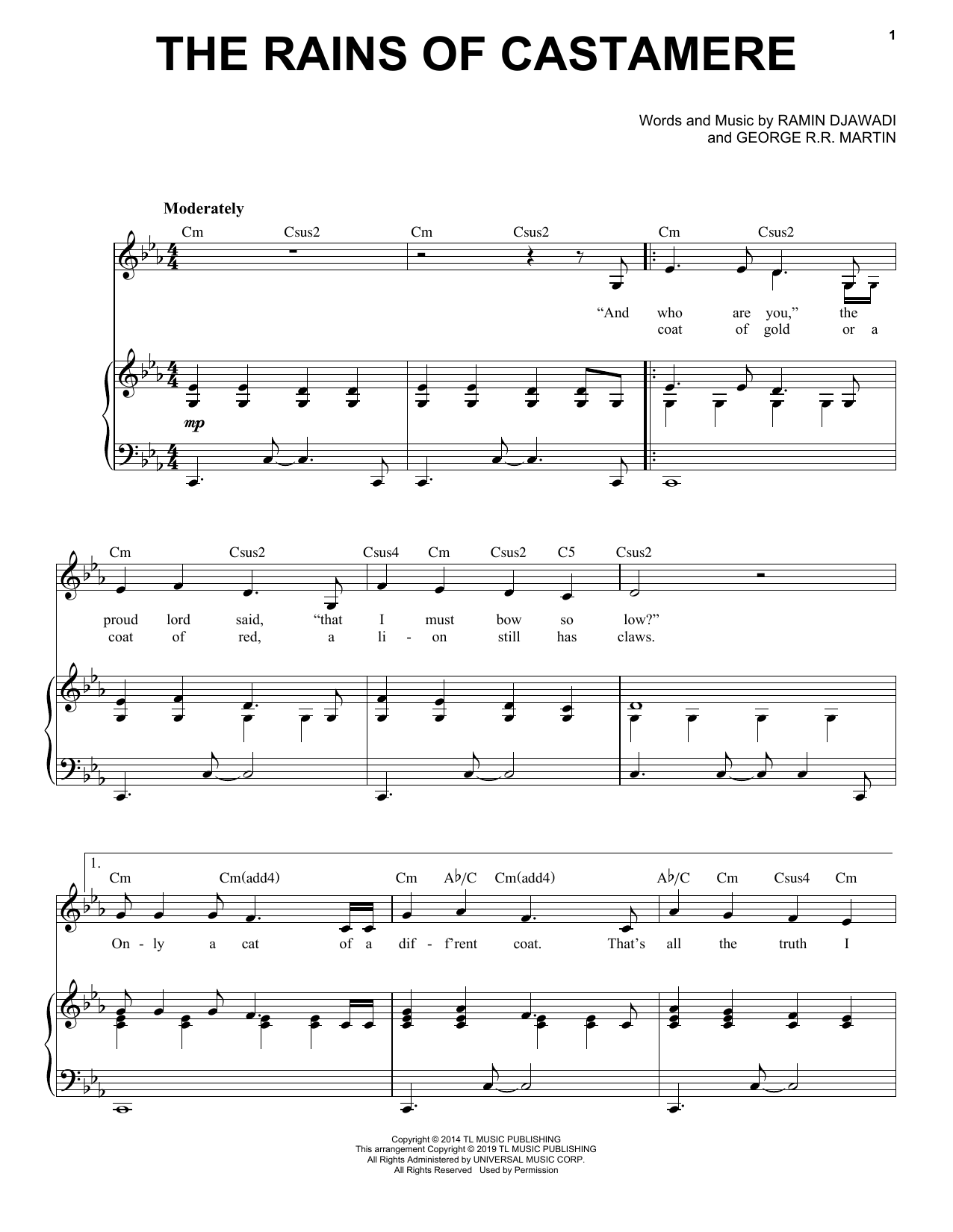 Serj Tankian The Rains Of Castamere (from Game of Thrones) Sheet Music Notes & Chords for Piano, Vocal & Guitar (Right-Hand Melody) - Download or Print PDF