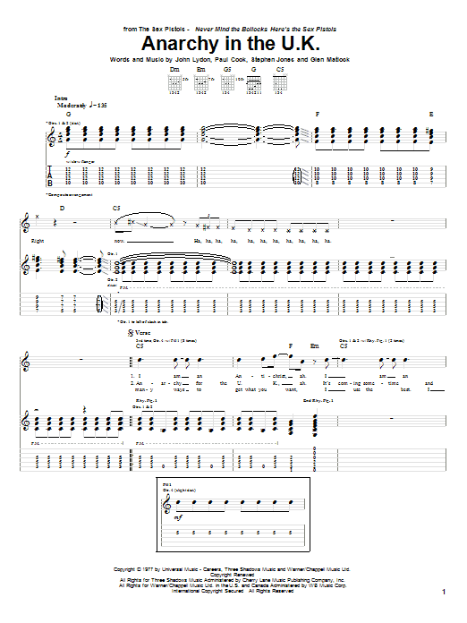 Sex Pistols Anarchy In The U.K. Sheet Music Notes & Chords for Piano, Vocal & Guitar (Right-Hand Melody) - Download or Print PDF