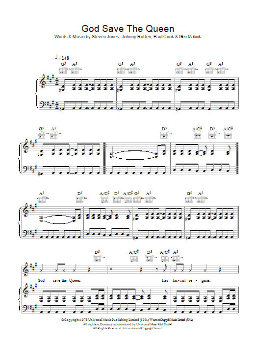 Sex Pistols God Save The Queen Sheet Music Notes & Chords for Piano, Vocal & Guitar (Right-Hand Melody) - Download or Print PDF