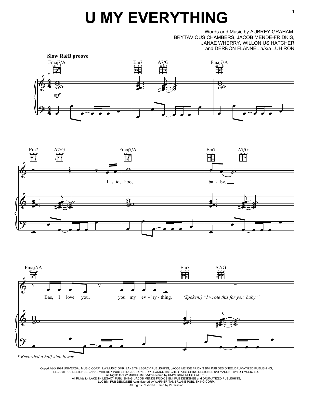 Sexyy Red & Drake U My Everything Sheet Music Notes & Chords for Piano, Vocal & Guitar Chords (Right-Hand Melody) - Download or Print PDF