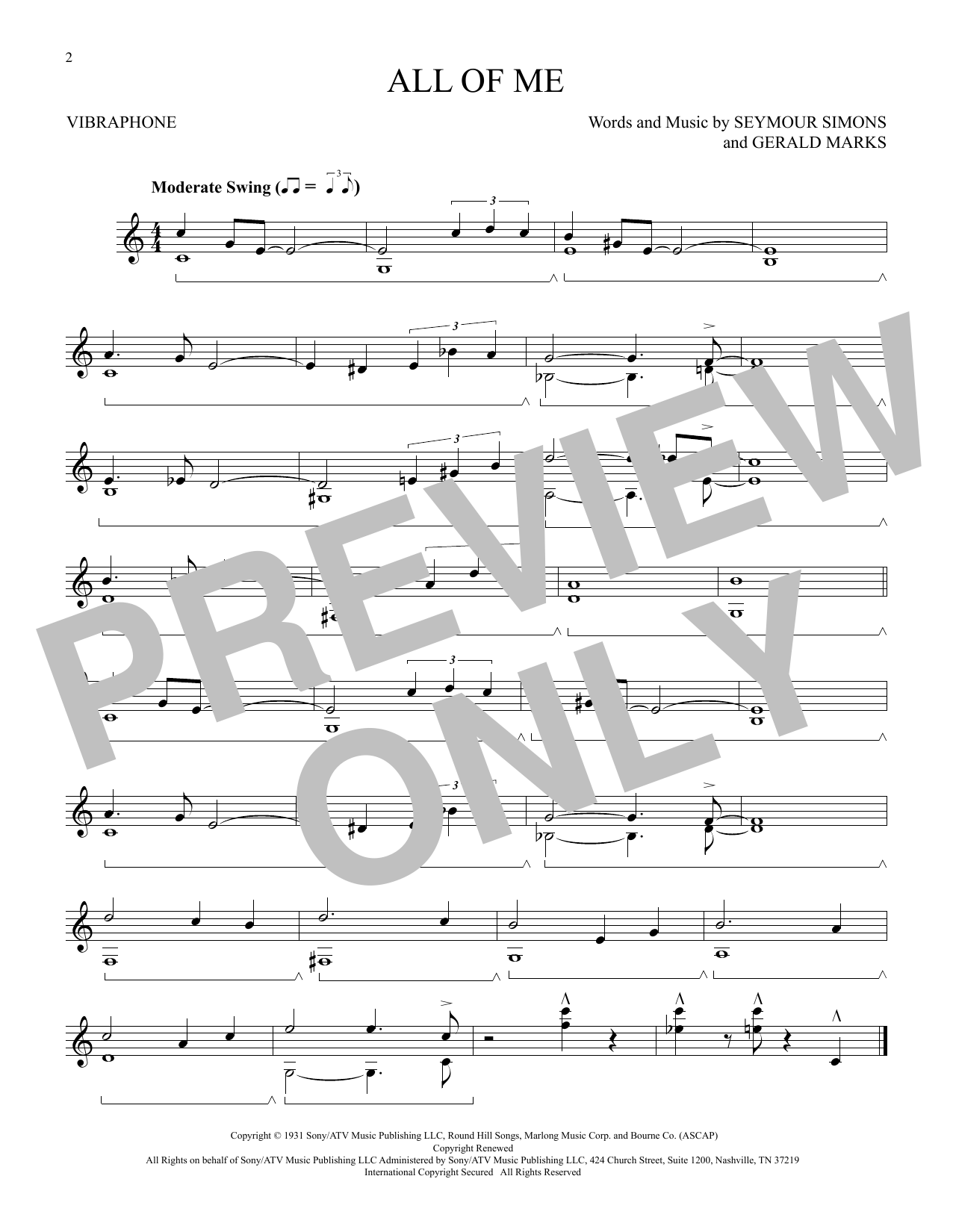 Seymour Simons and Gerald Marks All Of Me Sheet Music Notes & Chords for Vibraphone Solo - Download or Print PDF