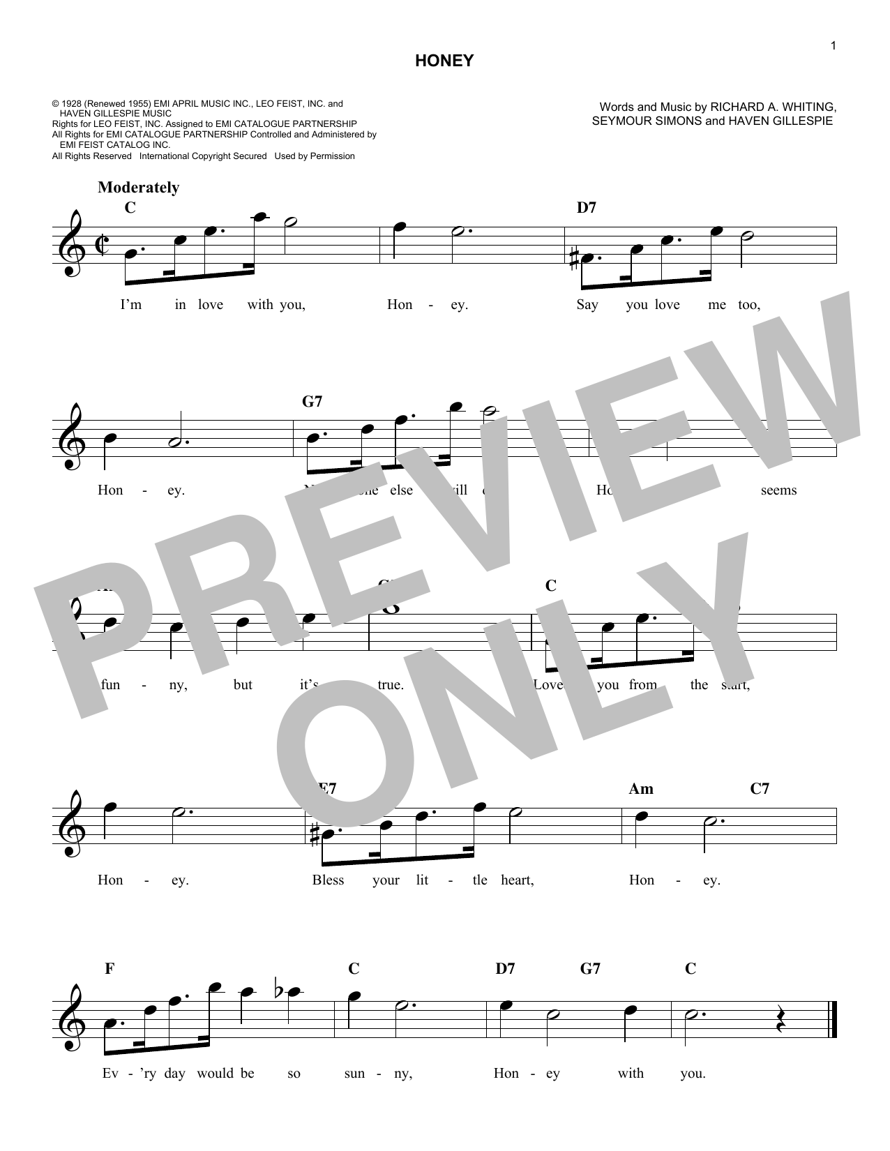 Seymour Simons Honey Sheet Music Notes & Chords for Melody Line, Lyrics & Chords - Download or Print PDF