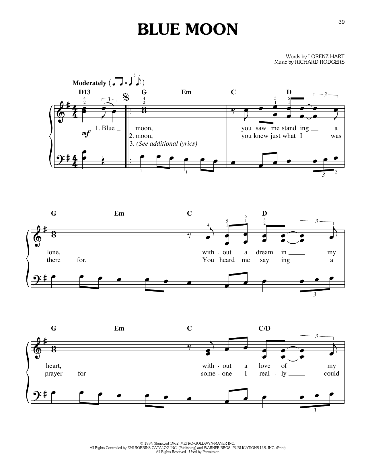 Sha Na Na Blue Moon (from Grease) Sheet Music Notes & Chords for Easy Piano - Download or Print PDF