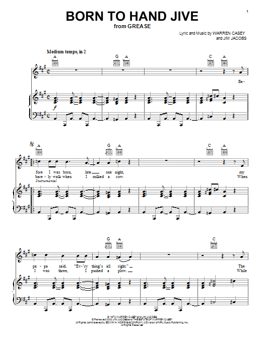 Sha Na Na Born To Hand Jive (from Grease) Sheet Music Notes & Chords for Piano, Vocal & Guitar (Right-Hand Melody) - Download or Print PDF Sha Na Na Born To Hand Jive (from Grease) Sheet Music Notes & Chords for Piano, Vocal & Guitar (Right-Hand Melody) - Download or Print PDF