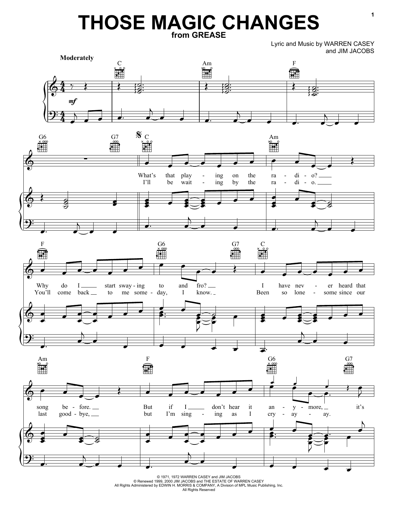 Sha Na Na Those Magic Changes (from Grease) Sheet Music Notes & Chords for Piano, Vocal & Guitar (Right-Hand Melody) - Download or Print PDF
