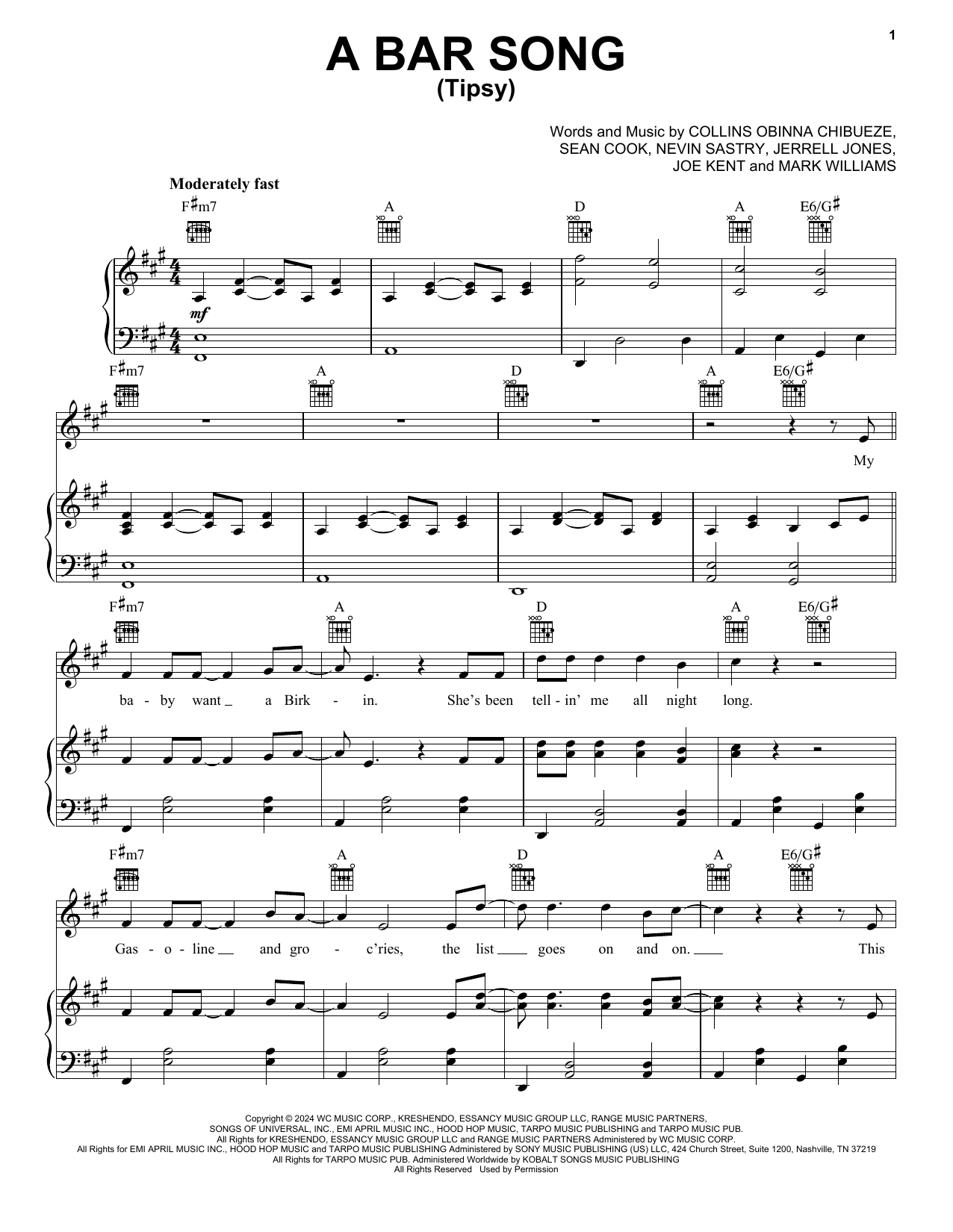 Shaboozey A Bar Song (Tipsy) Sheet Music Notes & Chords for Piano, Vocal & Guitar Chords (Right-Hand Melody) - Download or Print PDF