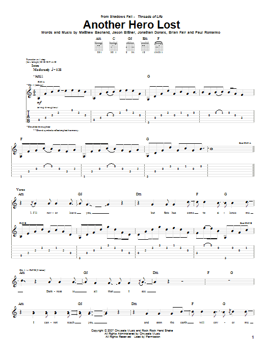 Shadows Fall Another Hero Lost Sheet Music Notes & Chords for Guitar Tab - Download or Print PDF