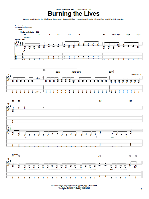 Shadows Fall Burning The Lives Sheet Music Notes & Chords for Guitar Tab - Download or Print PDF