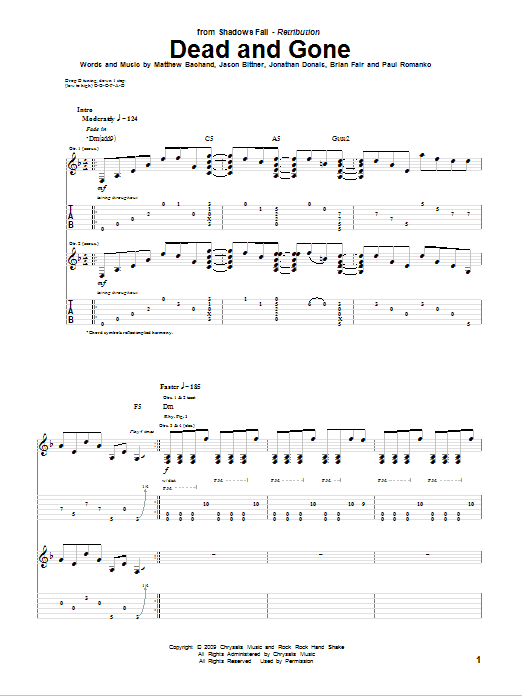 Shadows Fall Dead And Gone Sheet Music Notes & Chords for Guitar Tab - Download or Print PDF