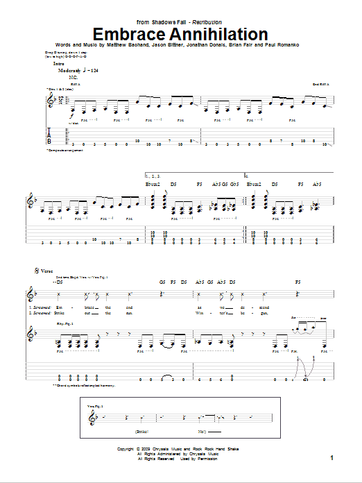 Shadows Fall Embrace Annihilation Sheet Music Notes & Chords for Guitar Tab - Download or Print PDF