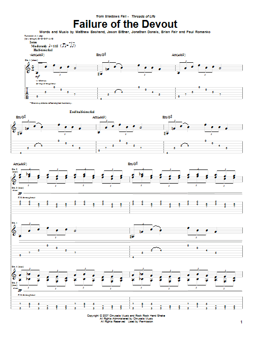 Shadows Fall Failure Of The Devout Sheet Music Notes & Chords for Guitar Tab - Download or Print PDF