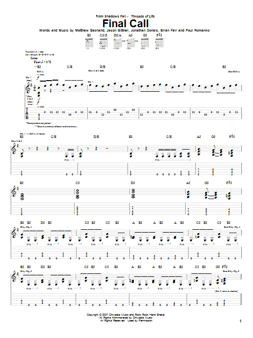 Shadows Fall Final Call Sheet Music Notes & Chords for Guitar Tab - Download or Print PDF