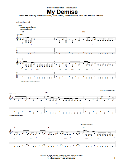 Shadows Fall My Demise Sheet Music Notes & Chords for Guitar Tab - Download or Print PDF