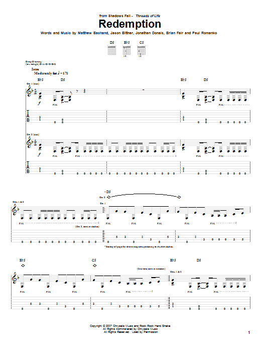 Shadows Fall Redemption Sheet Music Notes & Chords for Guitar Tab - Download or Print PDF