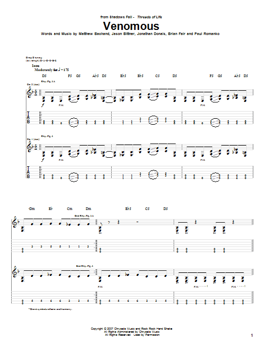 Shadows Fall Venomous Sheet Music Notes & Chords for Guitar Tab - Download or Print PDF