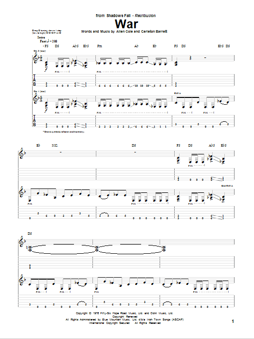 Shadows Fall War Sheet Music Notes & Chords for Guitar Tab - Download or Print PDF