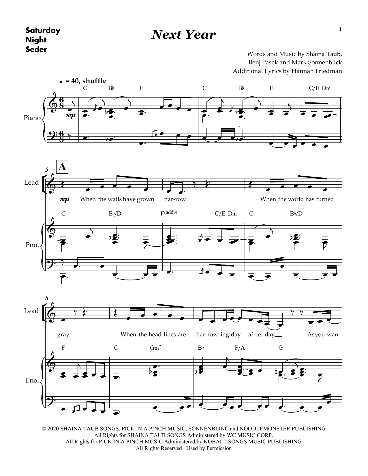 Shaina Taub & Skylar Astin Next Year (from Saturday Night Seder) Sheet Music Notes & Chords for Piano & Vocal - Download or Print PDF