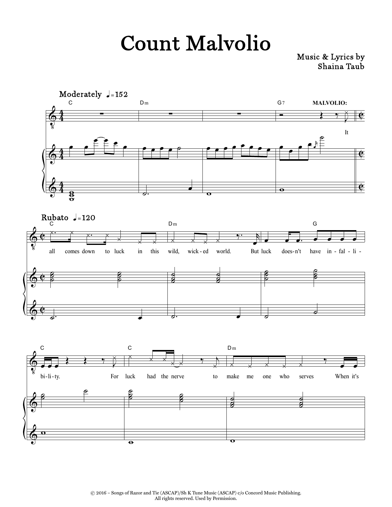 Shaina Taub Count Malvolio (from Twelfth Night) Sheet Music Notes & Chords for Piano & Vocal - Download or Print PDF