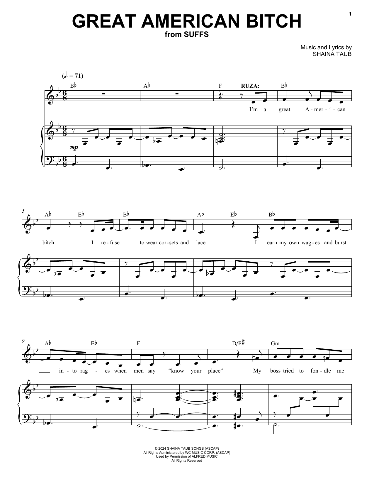 Shaina Taub Great American Bitch (from Suffs) Sheet Music Notes & Chords for Piano & Vocal - Download or Print PDF