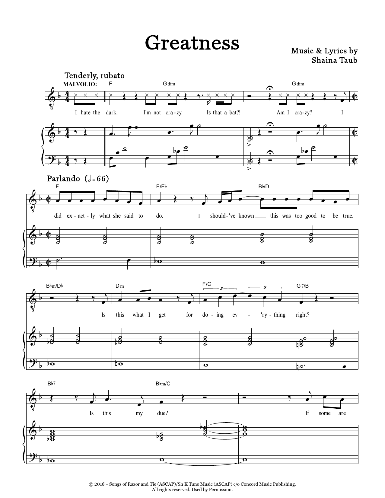 Shaina Taub Greatness (from Twelfth Night) Sheet Music Notes & Chords for Piano & Vocal - Download or Print PDF
