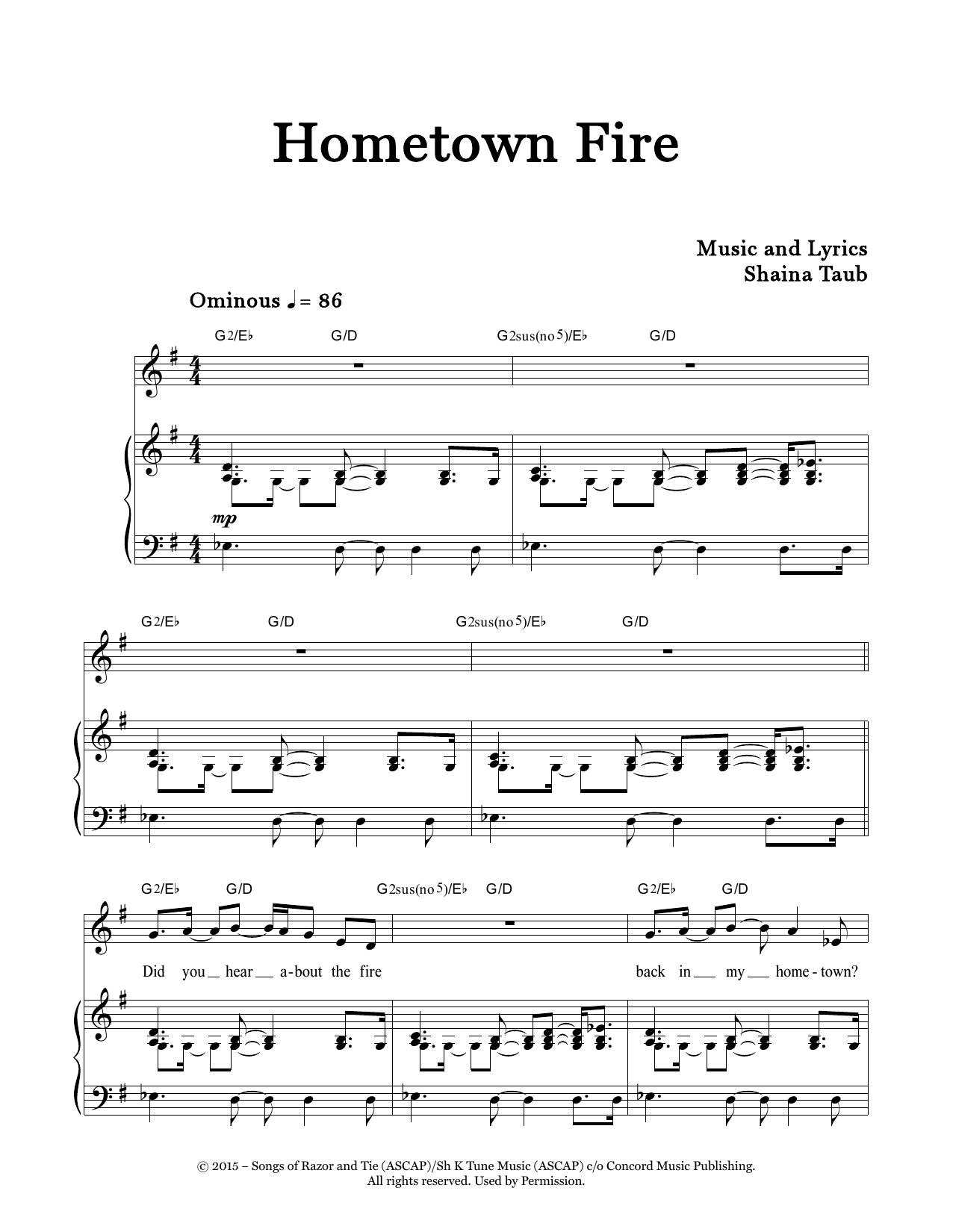 Shaina Taub Hometown Fire Sheet Music Notes & Chords for Piano & Vocal - Download or Print PDF