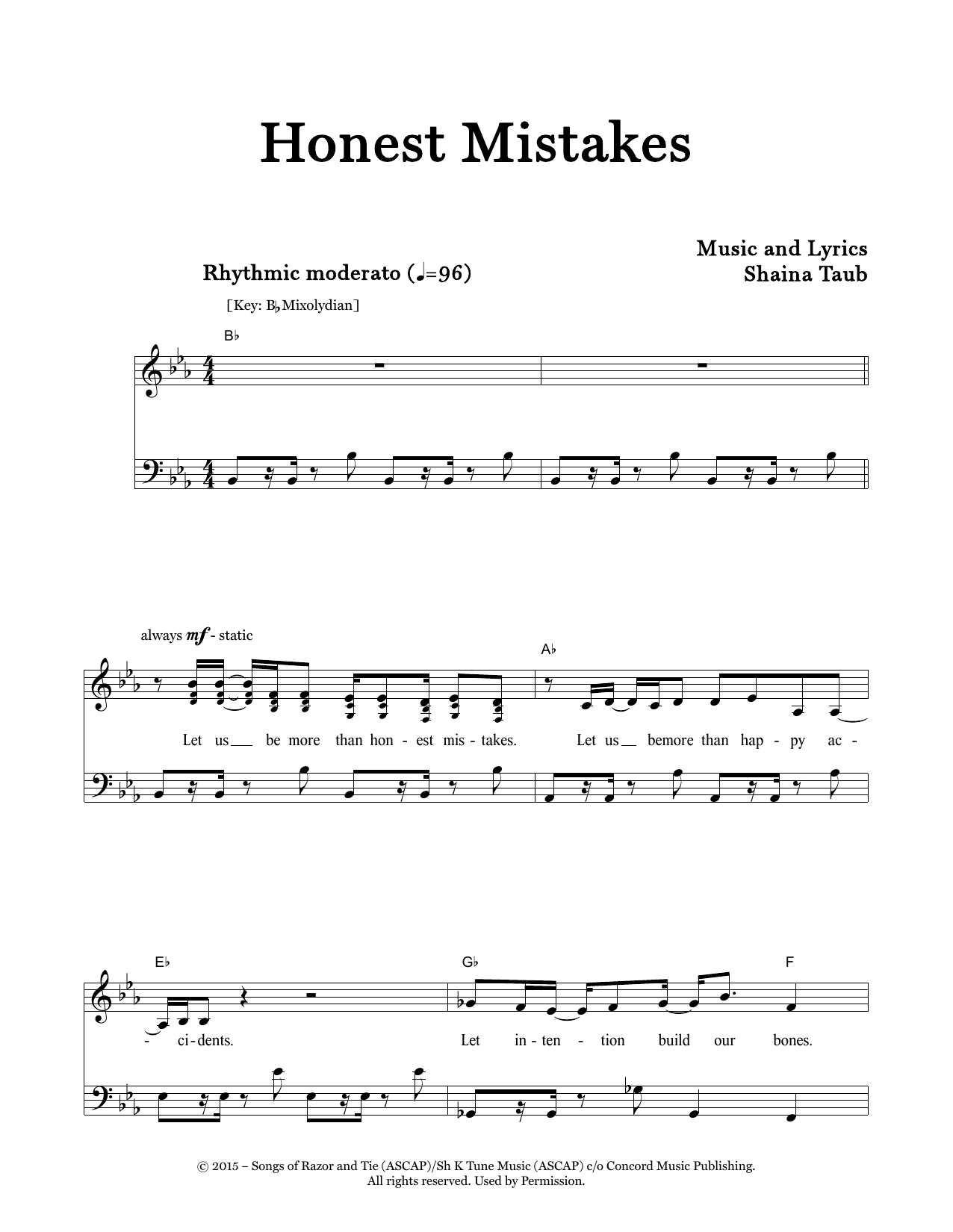 Shaina Taub Honest Mistakes Sheet Music Notes & Chords for Piano & Vocal - Download or Print PDF
