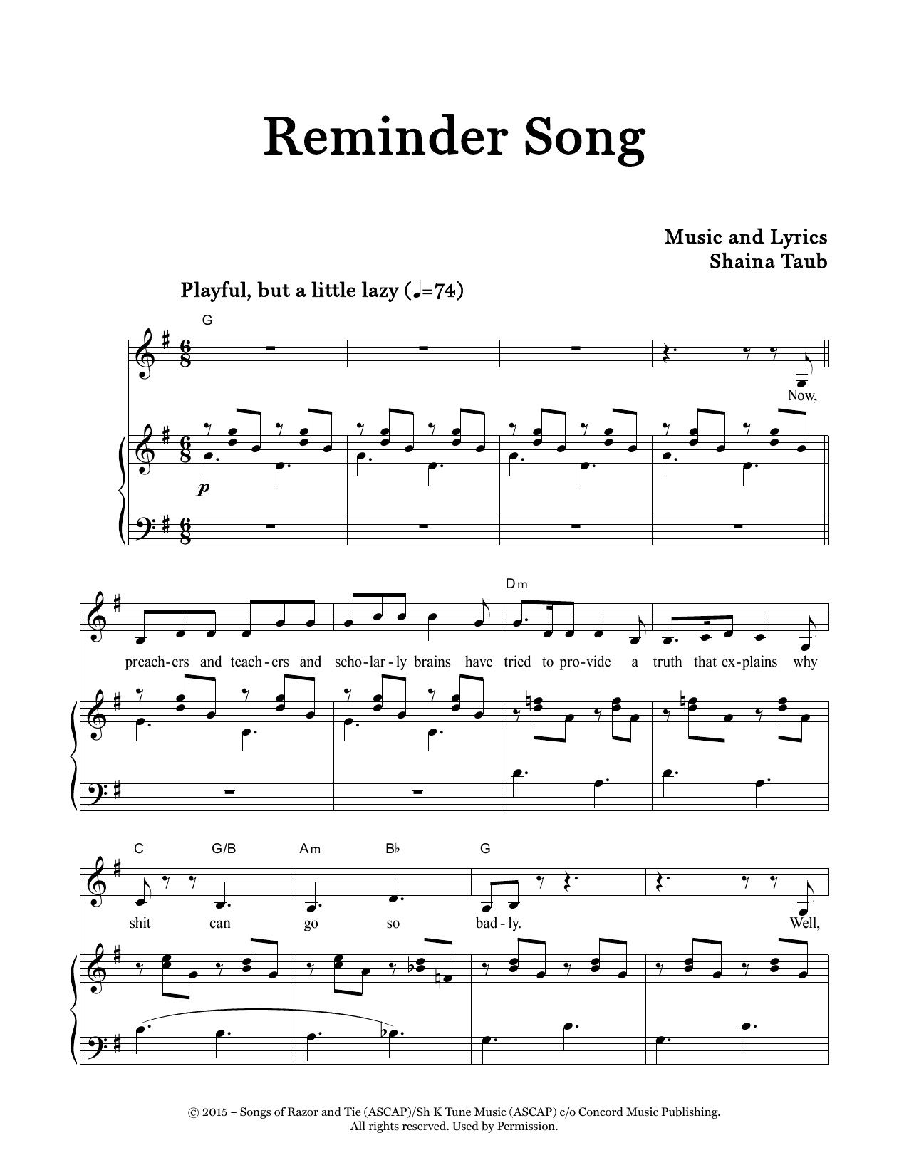 Shaina Taub Reminder Song Sheet Music Notes & Chords for Piano & Vocal - Download or Print PDF