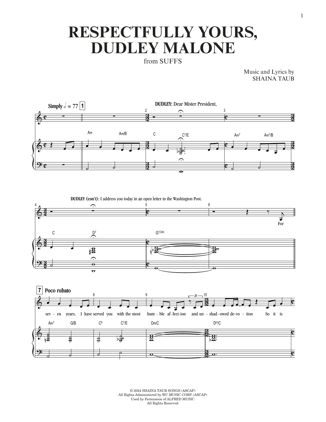 Shaina Taub Respectfully Yours, Dudley Malone (from Suffs) Sheet Music Notes & Chords for Piano & Vocal - Download or Print PDF