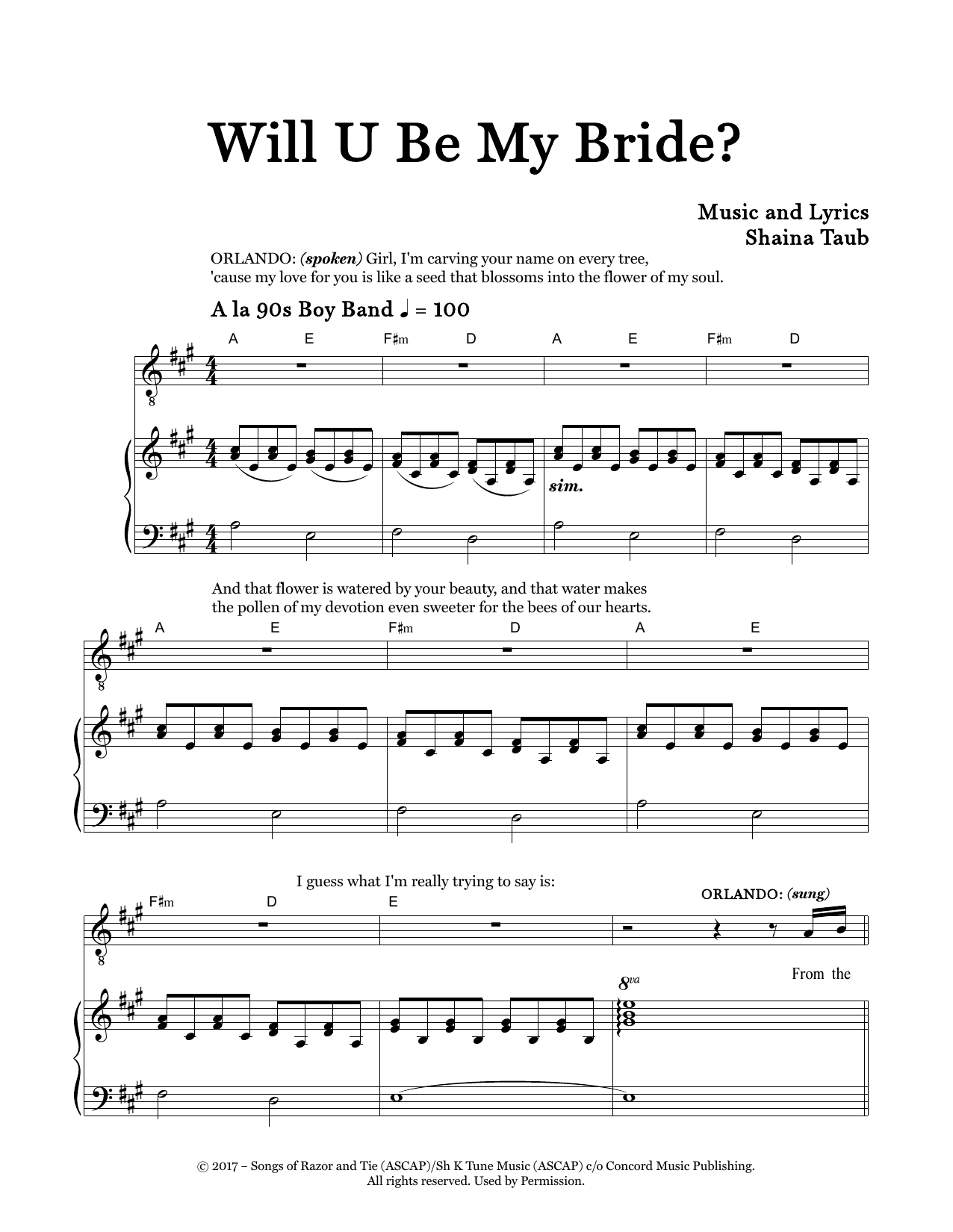 Shaina Taub Will U Be My Bride? (from As You Like It) Sheet Music Notes & Chords for Piano & Vocal - Download or Print PDF