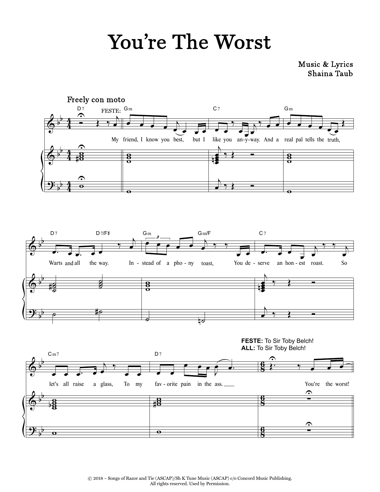 Shaina Taub You're The Worst (from Twelfth Night) Sheet Music Notes & Chords for Piano & Vocal - Download or Print PDF