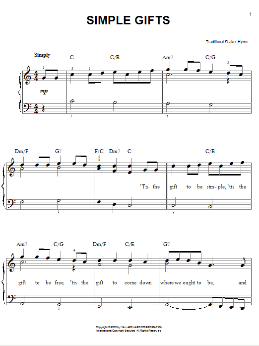 Traditional Shaker Hymn Simple Gifts Sheet Music Notes & Chords for Piano & Vocal - Download or Print PDF