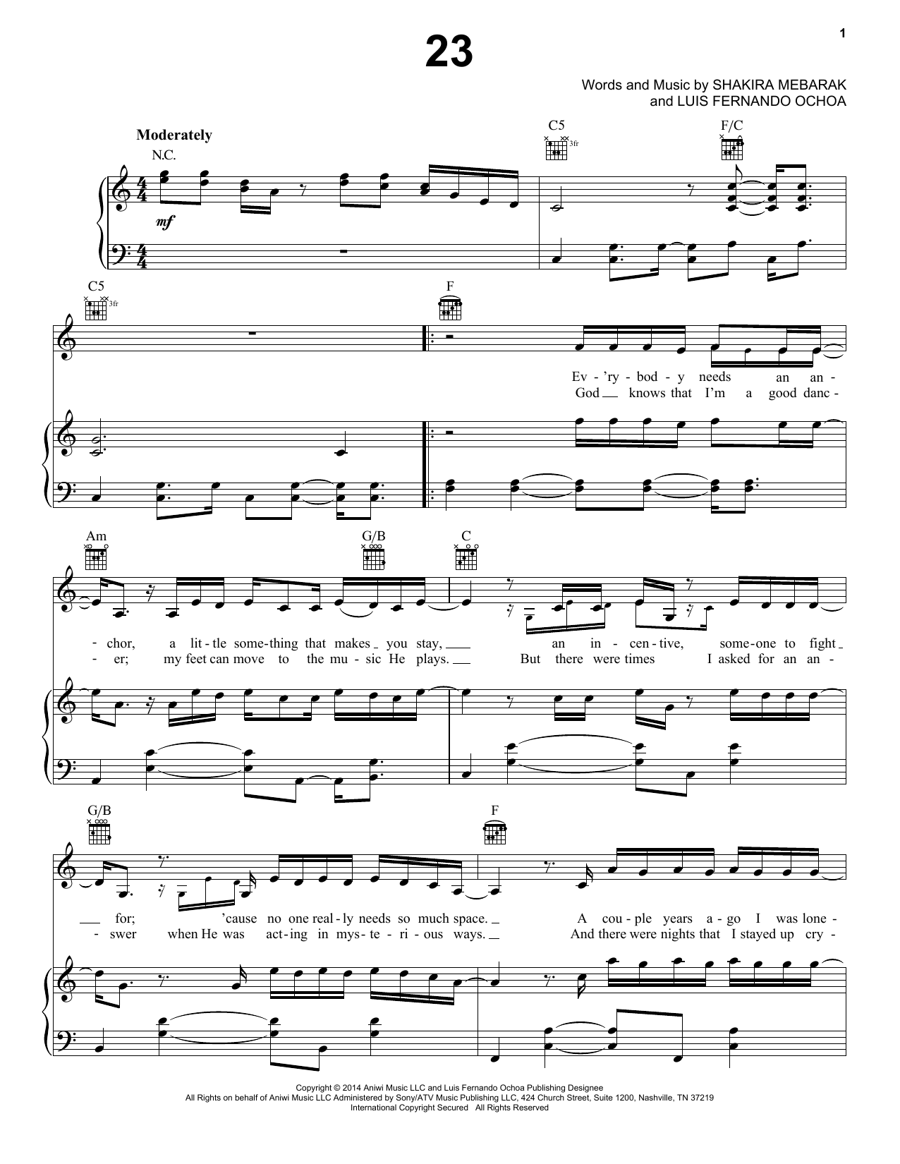 Shakira 23 Sheet Music Notes & Chords for Piano, Vocal & Guitar (Right-Hand Melody) - Download or Print PDF