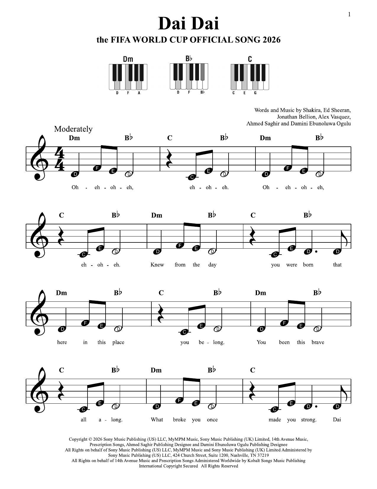Shakira & Burna Boy Dai Dai (FIFA World Cup 2026) Sheet Music Notes & Chords for Super Easy Piano - Download or Print PDF