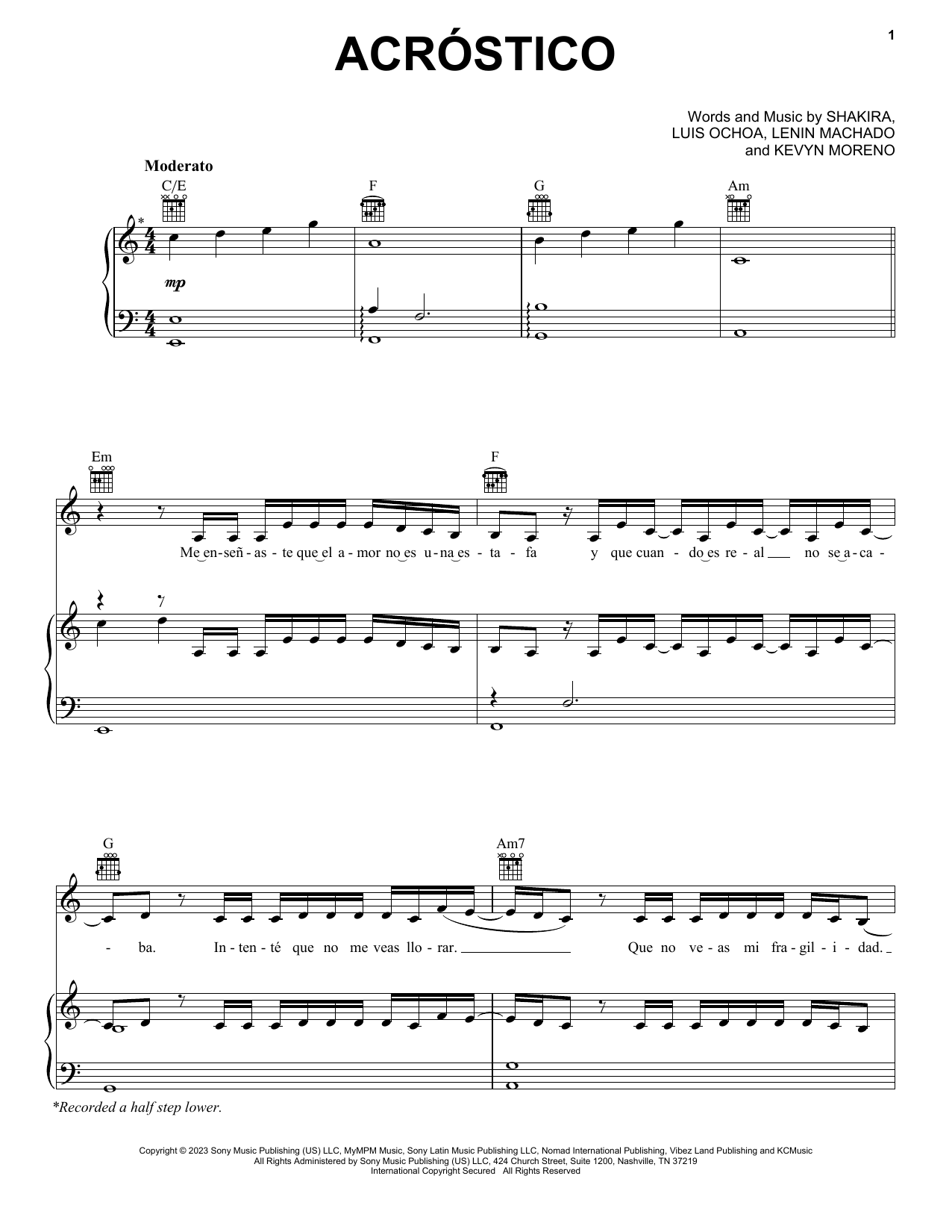 Shakira Acróstico Sheet Music Notes & Chords for Piano, Vocal & Guitar Chords (Right-Hand Melody) - Download or Print PDF