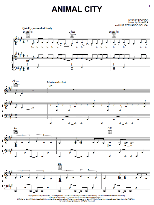 Shakira Animal City Sheet Music Notes & Chords for Piano, Vocal & Guitar (Right-Hand Melody) - Download or Print PDF Shakira Animal City Sheet Music Notes & Chords for Piano, Vocal & Guitar (Right-Hand Melody) - Download or Print PDF