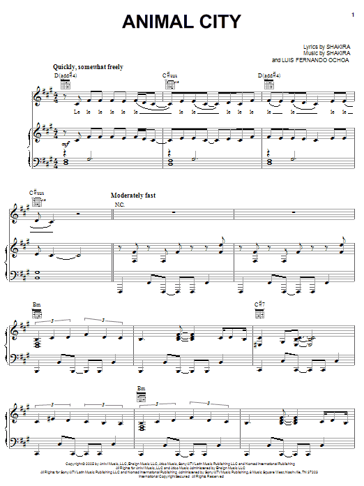 Shakira Animal City Sheet Music Notes & Chords for Piano, Vocal & Guitar (Right-Hand Melody) - Download or Print PDF