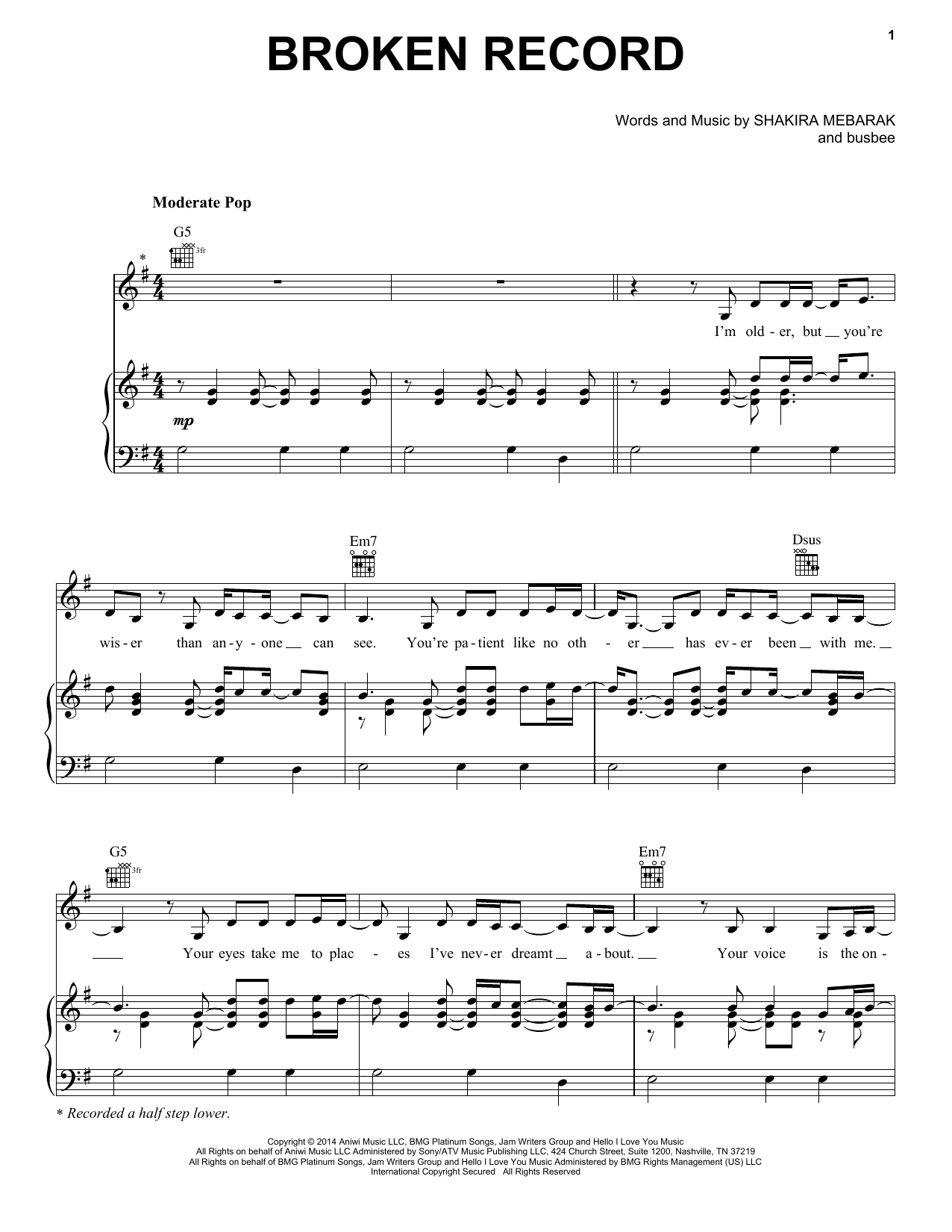 Shakira Broken Record Sheet Music Notes & Chords for Piano, Vocal & Guitar (Right-Hand Melody) - Download or Print PDF