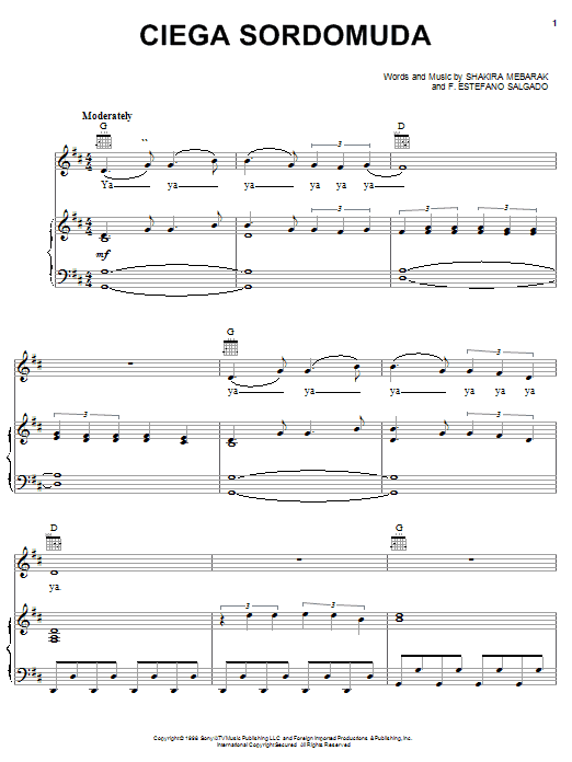 Shakira Ciega Sordomuda Sheet Music Notes & Chords for Piano, Vocal & Guitar (Right-Hand Melody) - Download or Print PDF