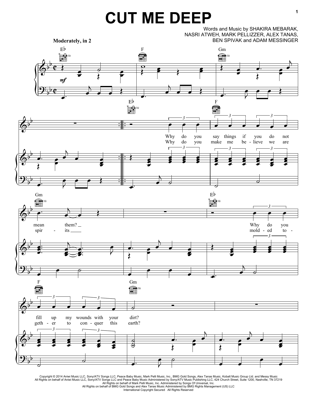 Shakira Cut Me Deep Sheet Music Notes & Chords for Piano, Vocal & Guitar (Right-Hand Melody) - Download or Print PDF
