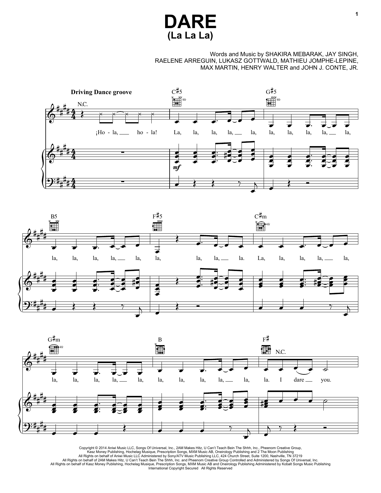 Shakira Dare (La La La) Sheet Music Notes & Chords for Piano, Vocal & Guitar (Right-Hand Melody) - Download or Print PDF